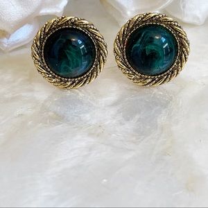 Gold Tone Cable Twist Faux Green Gem Clip Earrings